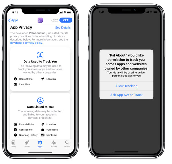 Two iphone screens showing users' new option to opt into mobile data tracking